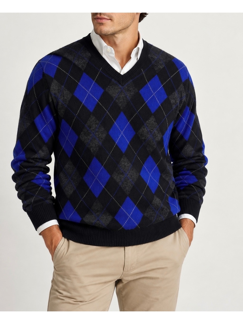 Polo Ralph Lauren Mens L 100% Lambswool Argyle V-Neck Sweater Black Blue Vintage